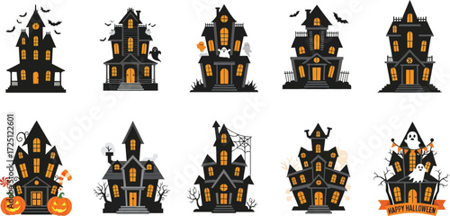 Vectors, Vector asset pack featuring a diverse collection of ten spooky haunted house silhouettes. Isolated graphic elements for Halloween celebrations and horror-themed design projects and templates 