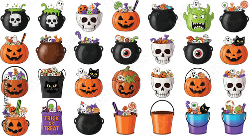 Vector, A delightful collection of Halloween candy buckets cauldrons filled with sweets and spooky decorations, perfect for festive trick or treating and holiday celebrations