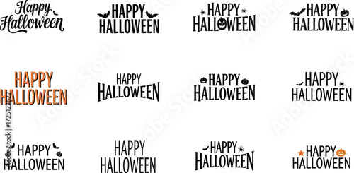 Vector,  curated collection of twelve unique typographic emblems for the autumn holiday, featuring spooky calligraphy and modern lettering styles. Versatile vector logo pack for seasonal designs .eps