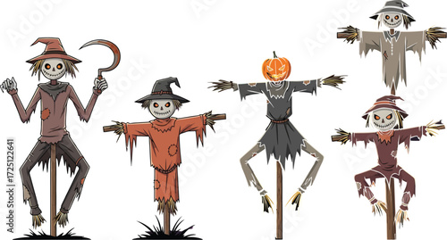 Vector, Set of six isolated Halloween scarecrow illustrations with pumpkin heads scythes. Spooky cartoon farm effigy characters fall festival design