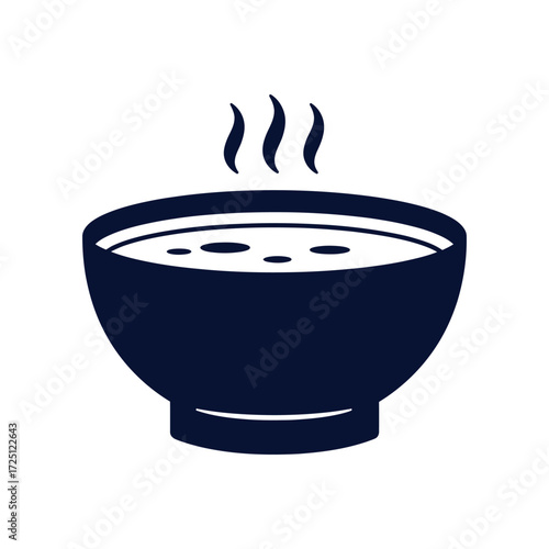 Flat vector hot soup bowl icon with steam, isolated on white background, perfect for Asian cuisine illustration, hot meal design, restaurant graphic, comfort food concept, or healthy diet symbol.