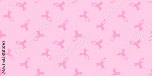 Pink ribbon seamless pattern for background Breast cancer awareness month, day banner poster card info. Minimalist vector illustration