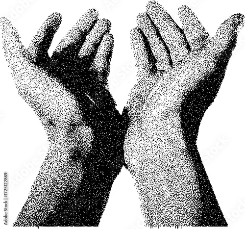 Two Open Hands Reaching Upward in Stippled Black and White Art