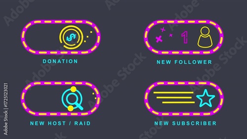 Animated Streamer Alerts Icon Set - Follower, Subscriber, Donation - Loop with Alpha Channel