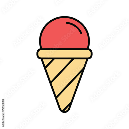 Flat vector ice cream cone illustration with pink scoop and waffle cone, isolated on white background, suitable for dessert icon, sweet food design, summer snack illustration, or cold treat graphic.