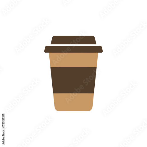 Flat vector hot coffee cup icon with brown sleeve and lid, isolated on white background, suitable for café design, hot beverage illustration, caffeine drink symbol, breakfast graphic, or restaurant me