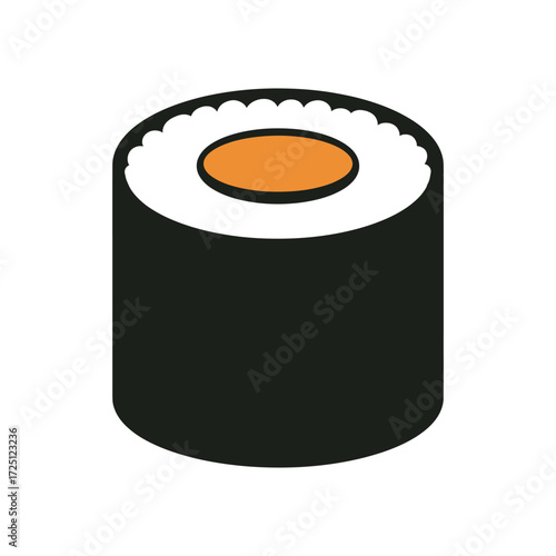 Flat vector sushi roll illustration with black seaweed wrap, white rice, and orange filling, isolated on white background, suitable for Japanese food icon, Asian cuisine design, or restaurant illustra