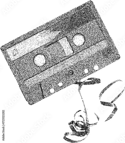 Vintage Cassette Tape with Unspooled Magnetic Tape, Stippled Art