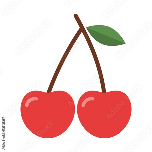 Flat vector illustration of twin red cherries with green stem, isolated on white background, ideal for summer fruit icon, organic food design, healthy eating illustration, or fresh fruit symbol for di