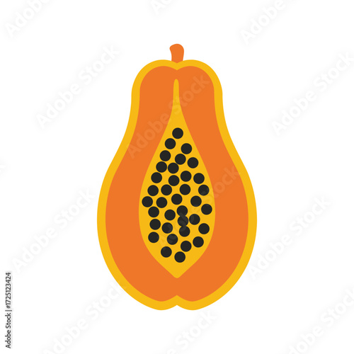 Flat vector papaya fruit icon with orange flesh and black seeds, isolated on white background, ideal for tropical fruit illustration, exotic organic food design, healthy eating graphics, or nutrition 