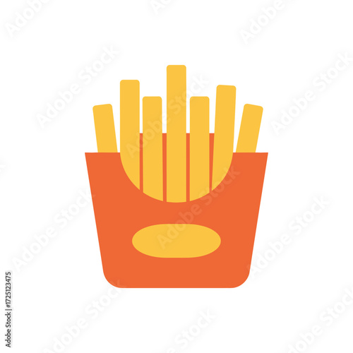 Flat vector French fries icon in red container with golden fried potatoes, isolated on white background, perfect for fast food illustration, junk food symbol, snack design element, or restaurant relat