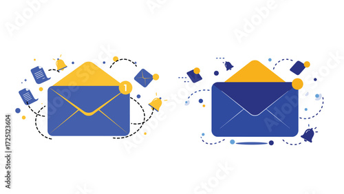 Mail envelope with notification bells and flying documents representing digital delivery and alerts