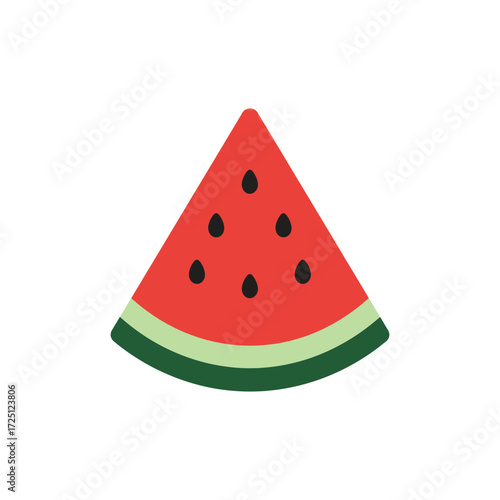 Flat vector design of juicy watermelon slice with red flesh and black seeds, isolated on white background, ideal for summer fruit illustration, healthy food icon, tropical design element, or stock ima