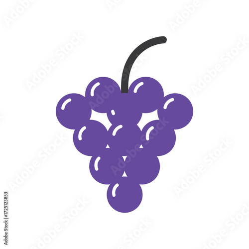 Flat vector illustration of fresh purple grapes fruit with green stem, isolated on white background, perfect for healthy food design, fruit icon, organic nutrition, vegetarian symbol, or digital graph