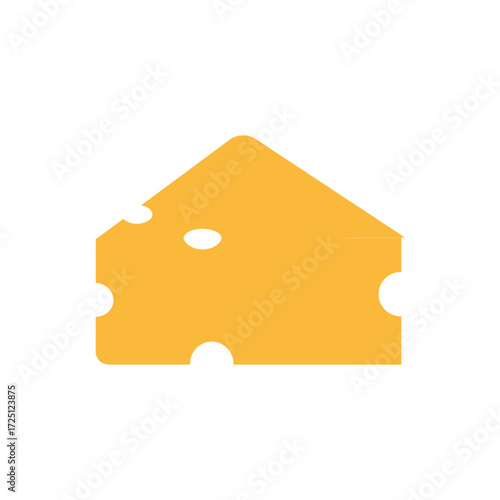 Flat vector icon of yellow cheese block with holes, isolated on white background, suitable for dairy product design, fresh food symbol, cooking ingredient illustration, and nutrition related graphics.