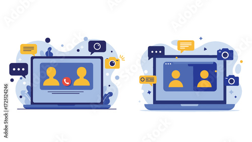 Laptop screen with avatars and icons representing online video call and virtual meeting