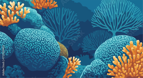 Coral reef texture shows marine life with different coral formations underwater, Coral reef provides vibrant colors and diversity of sea life with varied shapes,