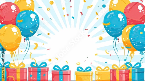 Colorful Celebration Scene with Balloons and Gift Boxes