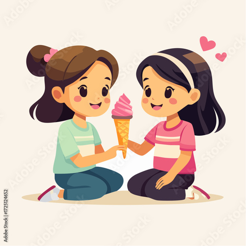 Happy Girls Eating and Sharing Ice Cream Treat