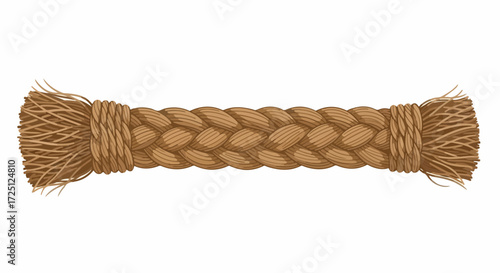 Braided rope lies centered with its frayed ends showing against white, revealing its woven construction. Braided rope is perfect for textures, backgrounds, or adding a nautical design element.