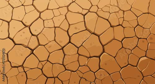 Cracked ground texture, cracked ground fills frame, revealing parched earth in arid landscape. Cracked ground under harsh sunlight, emphasizing environmental degradation, water scarcity.