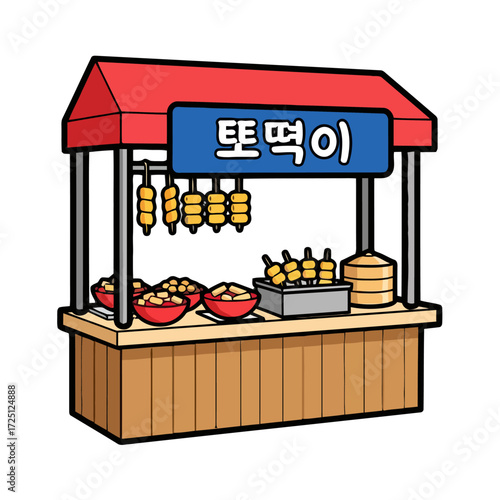 Cartoon korean street food stall selling tteokbokki