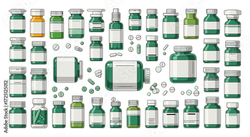 Diverse Array of Medicine Bottles and Pills Displayed on a White Background