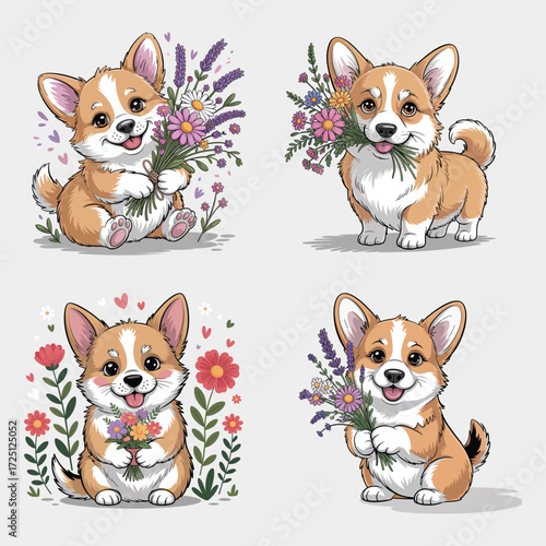 Adorable corgi puppies with colorful flower bouquets