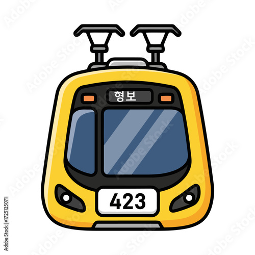 Cartoon the front yellow subway train with pantographs on top, isolated on transparent