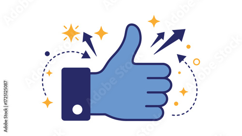 Raised thumbs up hand surrounded by arrows and stars symbolizing approval and success