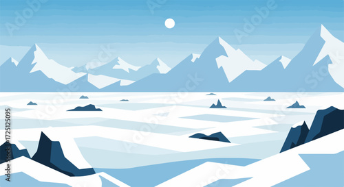 Icy landscape with white mountains and snow under cold sun. Winter scene in icy landscape, showing vast and frozen open spaces.