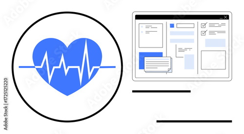 Heart with pulse line next to a digital dashboard display showcasing analytics, forms, and messages. Ideal for health monitoring, medical apps, fitness, telemedicine, healthcare, wellness simple