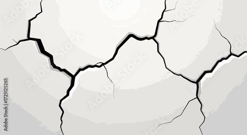 Wall crack with fissures in light gray surface, wall crack on plaster of cement structure. Wall crack surface for background texture or wallpaper, damage of construction or earthquake.