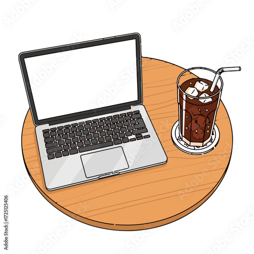 Modern laptop computer open with blank screen, placed next to glass iced coffee on wooden table