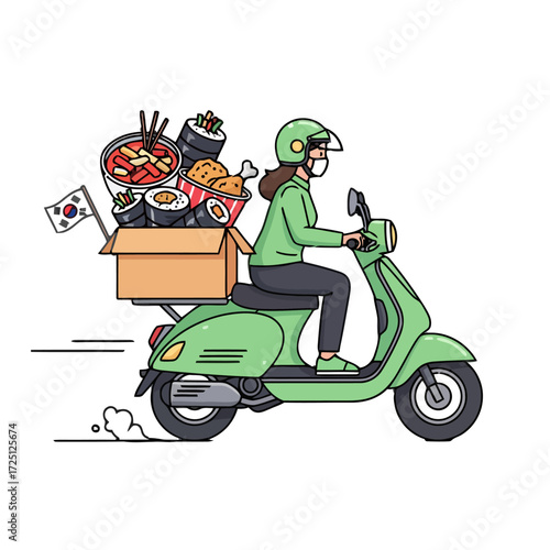 Delivery person in helmet and mask riding scooter with box korean food and flag