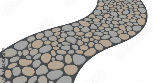 Stone pathway design with grey and beige stones. Winding stone path ideal for garden landscaping project. Elegant stone pathway perfect for website design and brochure.