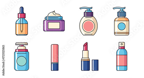 Essential beauty and skincare products in a vibrant flat design icon set for personal care