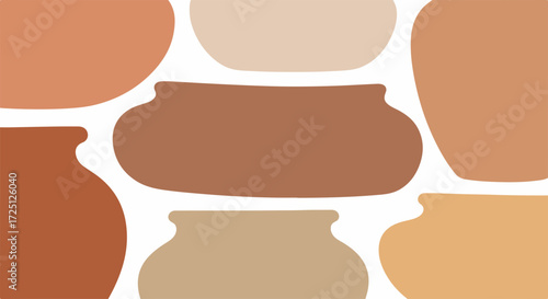 Abstract pot drawing featuring vases, pots, and earthen vessels. Abstract pot drawing art is depicted with multiple clay vases in earth tones on white, creating pattern.