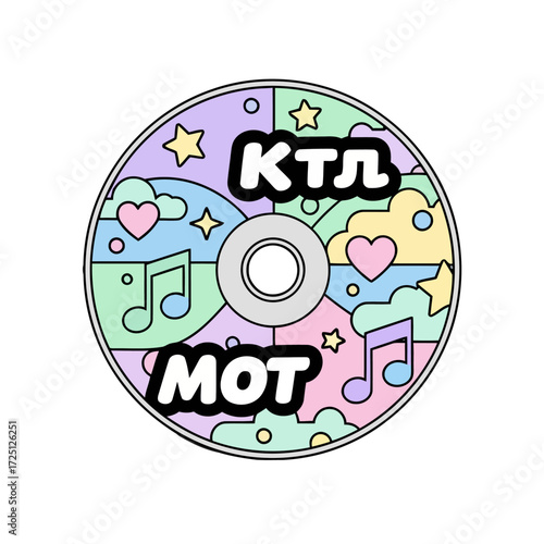 Colorful cartoon cd or disc with musical notes, stars, and hearts, featuring the text and mot, isolated on transparent