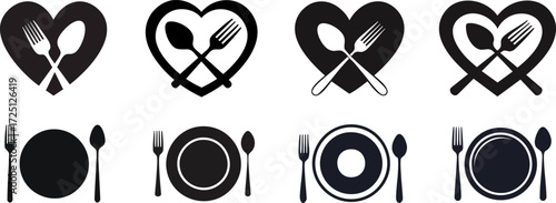 Silhouette of nutrition diet functional. A series of stylized icons featuring hearts and plates with utensils, representing love for food and dining aesthetics.