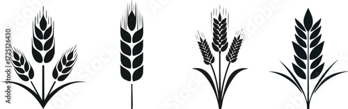 Silhouette of nutrition diet functional. A series of stylized black silhouettes of wheat stalks, showcasing various designs and shapes, ideal for agricultural or culinary themes.