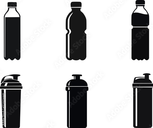 Silhouette of nutrition diet functional. Six silhouette bottles in various shapes, representing different beverage containers, such as water, soda, and protein shaker bottles.
