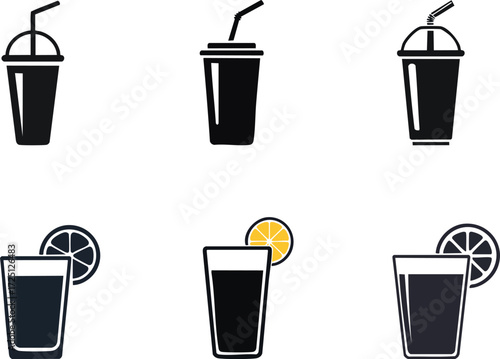 Silhouette of nutrition diet functional. A collection of drink icons featuring various styles of cups and glasses, showcasing beverages with straws and garnishes.