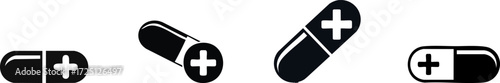 Silhouette of nutrition diet functional. Four stylized capsules with a plus sign, symbolizing health, medication, or pharmaceuticals, depicted in a minimalist black-and-white design.