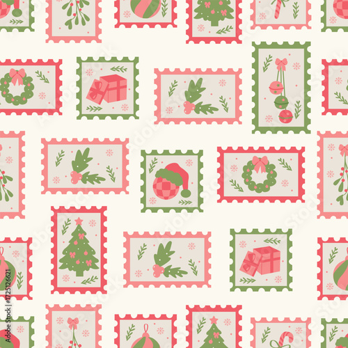 Christmas stamp card seamless pattern. Vintage postage stamps with Christmas tree, wreath, gift box, candy cane, holly, and mistletoe. Modern coquette design for wrapping paper, backgrounds, wallpaper
