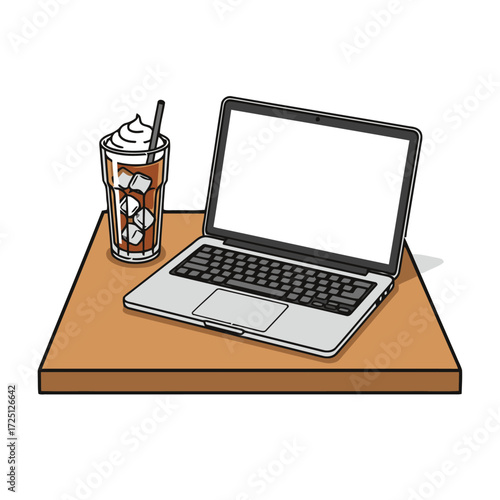 Laptop computer with blank screen is placed on wooden surface next to tall glass iced coffee with whipped cream and straw