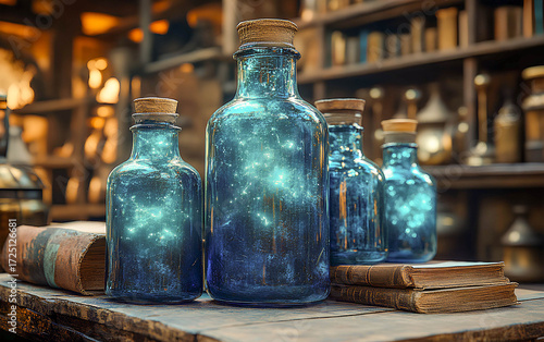 Magical potion bottles filled with glowing stars on a wooden table in an enchanting alchemist's workshop at dusk