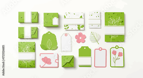 Beautifully crafted nature-inspired green and white stationery elements and tags collection