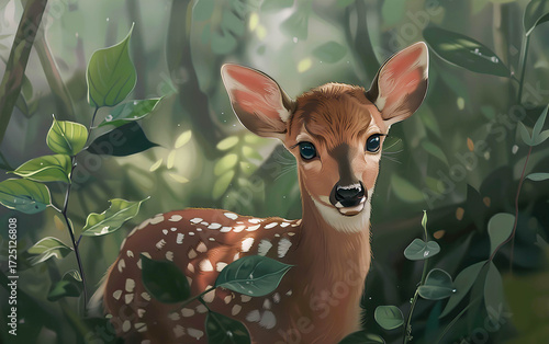 Young deer stands among the lush green foliage of a forest, showcasing its gentle features and curious expression while surrounded by nature's beauty during daylight