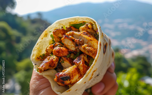 Delicious grilled chicken wrap held in hand against a scenic mountain backdrop during a sunny day, showcasing vibrant flavors and fresh ingredients ready to be enjoyed with a view